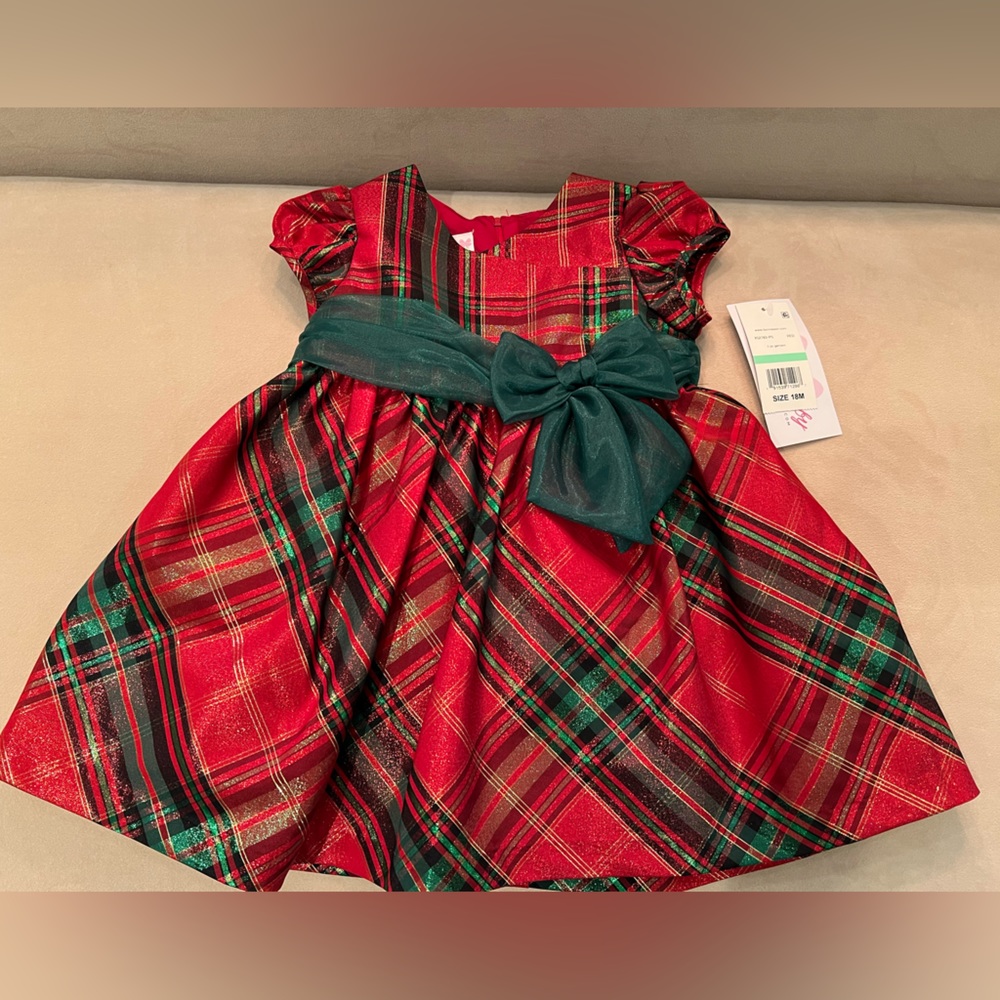 NWT Girls Red Plaid Dress with Green Bow - 18 months
